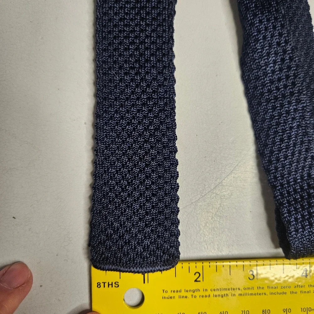 Vintage Mens Navy Blue Knit Tie Cream Stripe Square End Skinny Necktie‎